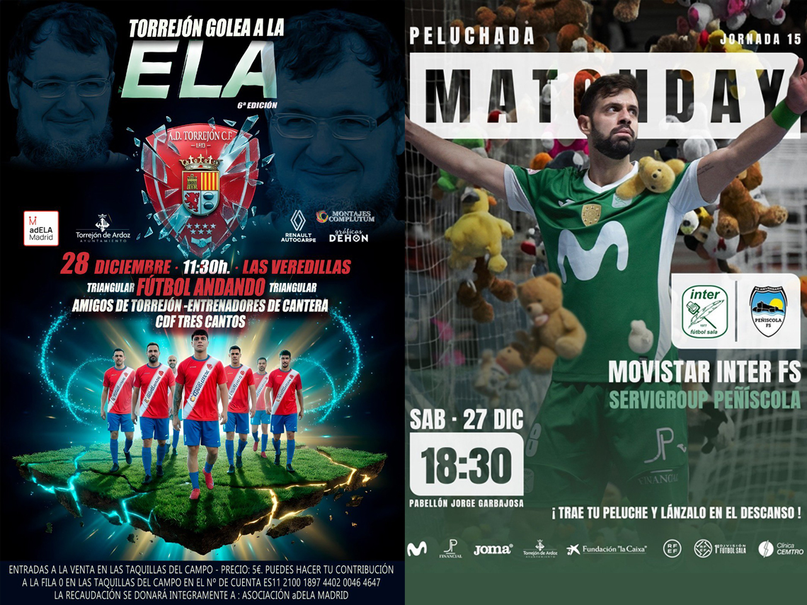 El partido de Movistar Inter FS, que realizará una peluchada solidaria, y la 6ª edición del torneo “Torrejón Golea a la ELA”, este fin de semana en la agenda deportiva 